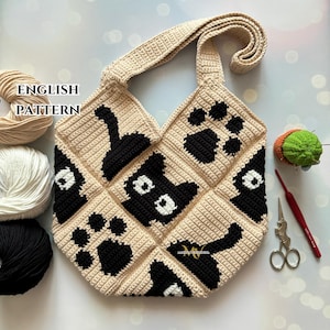 Cute black cat bag Crochet Pattern, Crochet Bag Pattern, Crochet Tote Bag Pattern, Crochet Cat Pattern, Intarsia Crochet