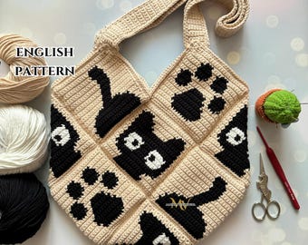 Cute black cat bag Crochet Pattern, Crochet Bag Pattern, Crochet Tote Bag Pattern, Crochet Cat Pattern, Intarsia Crochet