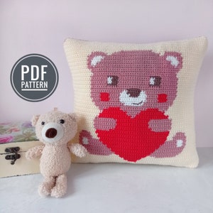 Crochet pattern bear with heart, Crochet valentine pattern, Valentine Crochet Pillow Pattern, Cushion DIY