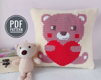 Crochet pattern bear with heart, Crochet valentine pattern, Valentine Crochet Pillow Pattern, Cushion DIY