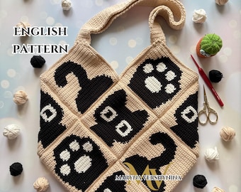 Crochet Cat Bag Pattern, Crochet Pattern, Crochet Bag Pattern, Crochet Tote Bag Pattern, Crochet Black Cat Pattern (PDF Pattern)
