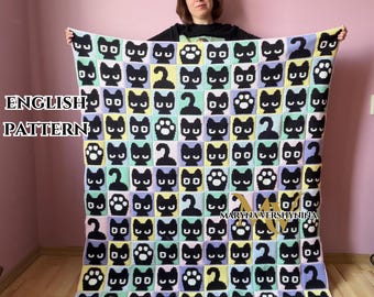 Cute cat, paw and tail blanket crochet pattern, Cat Blanket Crochet Pattern, Intarsia Square (PDF Pattern)