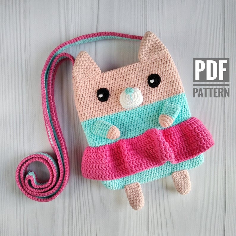 PATTERN PDF, Cat Bag Pattern, Crochet Purse Pattern, Amigurumi Cat Purse Pattern, Baby Purse Pattern, Girl Purse Crochet Pattern image 1