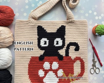 Cat in Cup Crochet Bag Pattern: Intarsia Tote (PDF Pattern)