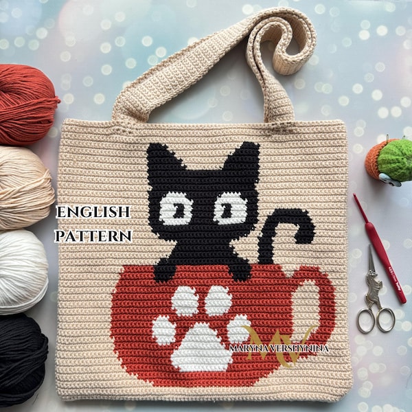 Cat in Cup Crochet Bag Pattern: Intarsia Tote (PDF Pattern)