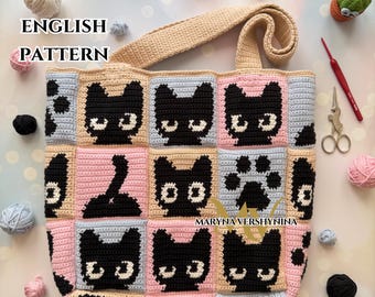 Cat squares tote bag Crochet Pattern, Crochet Bag Pattern, Crochet Tote Bag Pattern, Crochet Black Cat Pattern, Intarsia Crochet