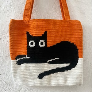 Crochet Bag Pattern, Crochet Tote Bag Pattern, Crochet Black Cat Pattern, Intarsia Crochet image 3