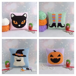May include: Four crocheted pillow covers with Halloween themes. The pillows feature a black cat, witch's legs, a ghost, and a jack-o'-lantern.