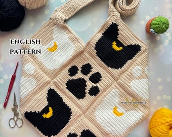Moon Cat Crochet Bag Pattern: Intarsia Tote (PDF Pattern)