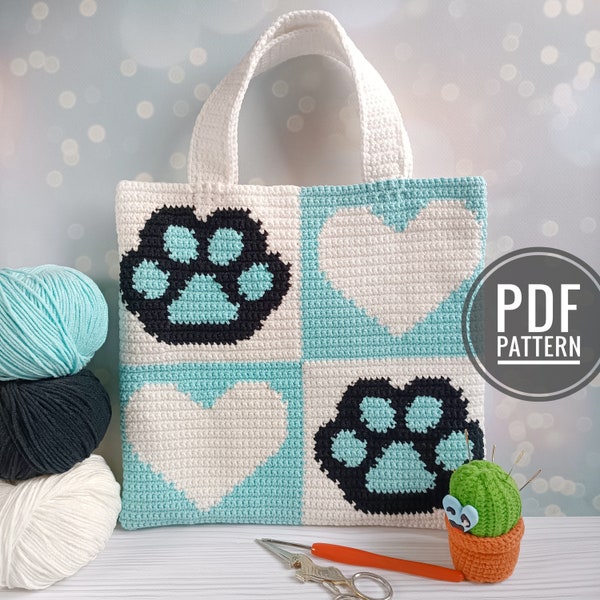 Crochet Bag Pattern, Crochet Tote Bag Pattern, Crochet I love animals Pattern, Intarsia Crochet