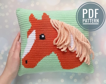 Crochet Pattern Horse, Lake House Decor, Crochet Cushion, Sofa Pillow, Caravan Cushion, Intarsia Crochet Tutorial, Patterns for Crochet