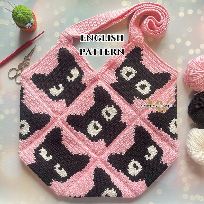 Black Cats Bag Crochet Pattern, Crochet Bag Pattern, Crochet Tote Bag Pattern, Crochet Cat Pattern, Crochet Square, Crochet Pattern image 1