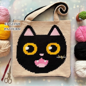 Schwarze Katze Tragetasche häkeln Muster: Intarsia Design (PDF-Muster)