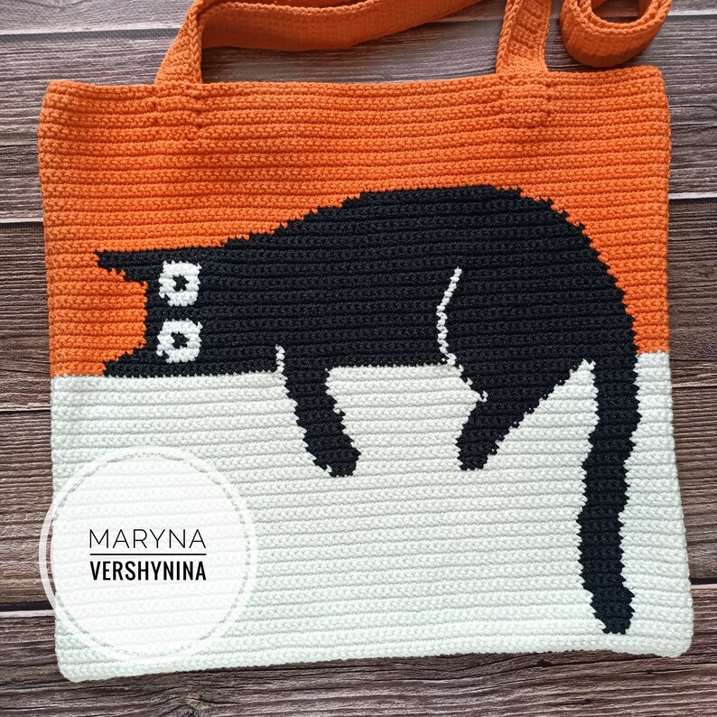 Crochet Bag Pattern, Crochet Tote Bag Pattern, Crochet Black Cat Pattern, Intarsia Crochet image 2