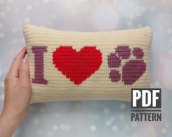 Intarsia Crochet Pillow Cover Pattern: I Heart Paw (PDF Pattern)