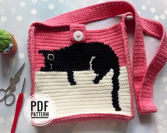 Crochet Bag Pattern, Crochet Mini Bag Pattern, Crochet Black Cat Pattern, Intarsia Crochet