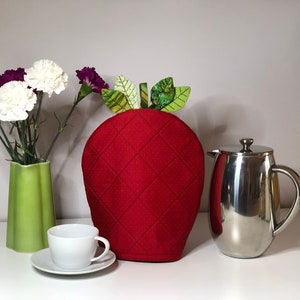 Coffee Pot Warmer, Handcrafted French Press Cozy, Cafetiere Sleeve, Reversible Tea Pot Cover, Berry Decor, Strawberry image 1