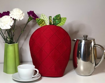 Coffee Pot Warmer, Handcrafted French Press Cozy, Cafetiere Sleeve, Reversible Tea Pot Cover, Berry Decor, Strawberry