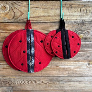 Ladybug Pot Holders: Cotton Oven Mitts, Mother Daughter Gift