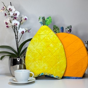 Handcrafted Lemon and Orange Design French Press Cozy: Reversible Cotton Tea and Coffee Pot Cover for up to 1 Liter French Press