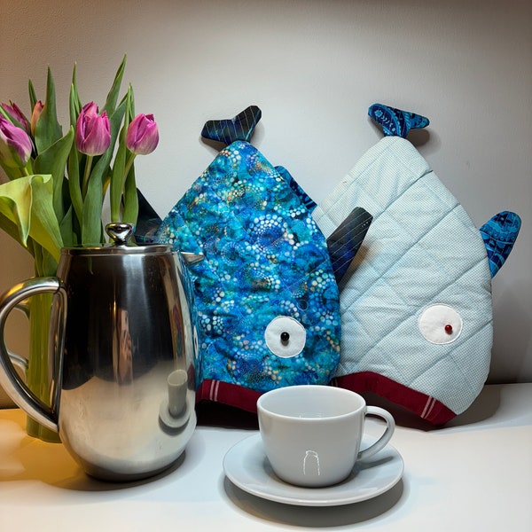 Réchaud, presse française artisanale, douillette, manchon pour cafetière, décor de poisson, cadeau du pêcheur