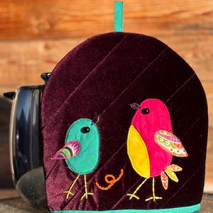 Handmade Quilted French Press Cozy: Purple Velvet, Reversible Coffee Pot Cover, Floral and Bird Design, Daisy, Tulip, Early Birds