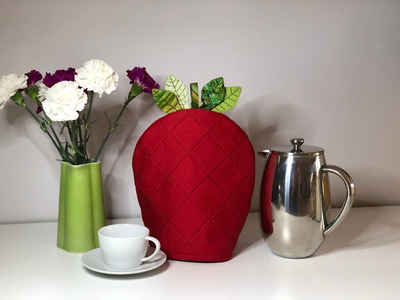 Coffee Pot Warmer, Handcrafted French Press Cozy, Cafetiere Sleeve, Reversible Tea Pot Cover, Berry Decor, Strawberry image 1