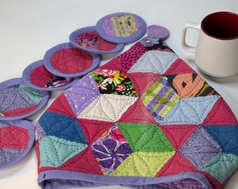 Funda para prensa francesa reciclada y reutilizada, hecha a mano: funda reversible de algodón para tetera y cafetera, en diferentes tamaños, incluye juego de 6 posavasos.