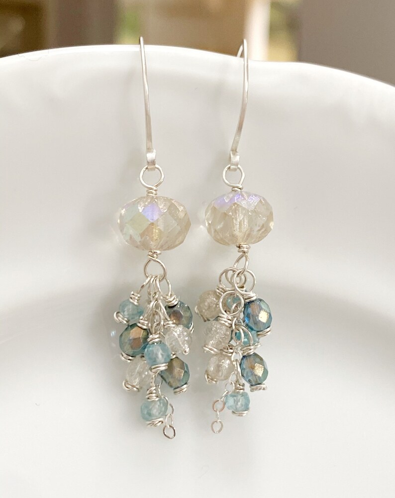 Sterling Silver Dangles with Blue Zircon and Czech Glass Beaded Earrings Gemstone Earrings Gift For Her Unique Earrings