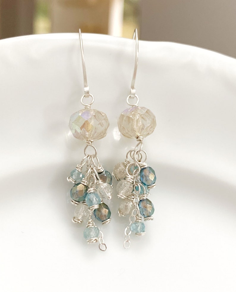 Sterling Silver Dangles with Blue Zircon and Czech Glass Beaded Earrings Gemstone Earrings Gift For Her Unique Earrings