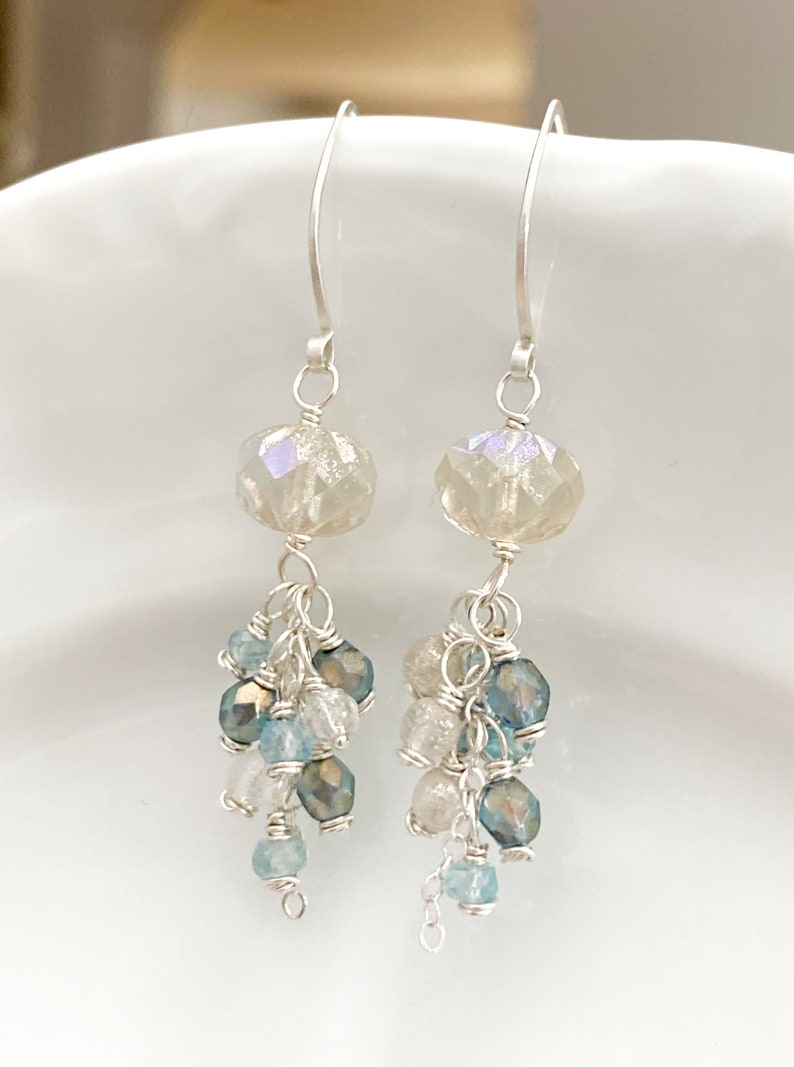 Sterling Silver Dangles with Blue Zircon and Czech Glass Beaded Earrings Gemstone Earrings Gift For Her Unique Earrings