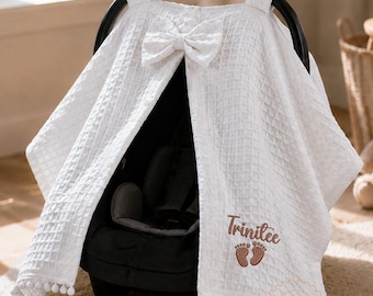 Pare-soleil personnalisé pour siège auto bébé avec prénom et motif, orné d'un nœud gaufré et d'un pompon, pour poussette bébé (fille ou garçon), cadeau de naissance