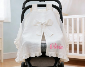 Funda para asiento de coche de bebé bordada personalizada, funda de algodón con volantes, parasol para cochecito de bebé, regalo para bebé.