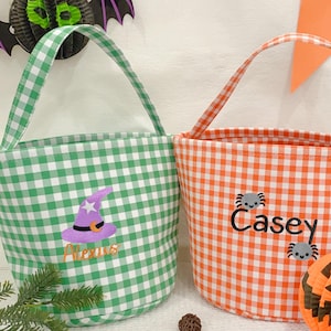 Cubo de dulces personalizado, cubo de Halloween con cuadros bordados, cubo de dulces de Halloween, bolsa de truco o trato, regalo para niños, monograma, bolsa de Halloween