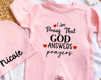I Am Proof That God Answers Prayers Baby Bodysuit&Hat Set,Christian Baby Long Sleeve Romper,Baby Announcement,Baby Shower Gift,Newborn Set