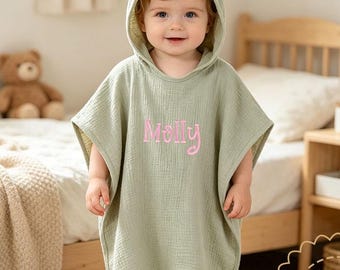 Poncho de toalla con capucha para niños pequeños, cubierta de playa y piscina con nombre bordado personalizado para niños, regalo de verano para baby shower/cumpleaños, toalla de algodón.