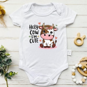 Holy Cow I&#39;m Cute Baby Bodysuit,Funny Highland Cow Baby Bodysuit,Retro Baby Outfit,Farm Baby Announcement,Baby Shower Gift,Newborn Gift