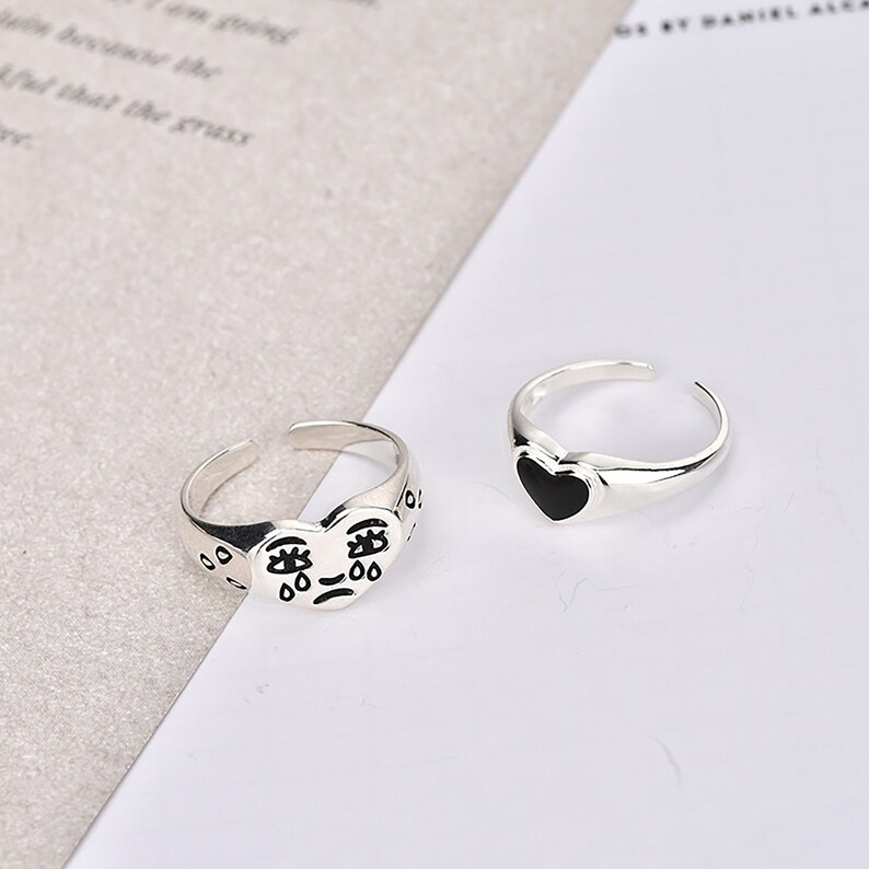 Sad Face Ring,Crying Face Ring,Black Heart Ring,Black Heart Ring,Unhappy Face Ring,Silver Sad Ring,Cool Sad ring,Birthday Gift Ring Ideas 