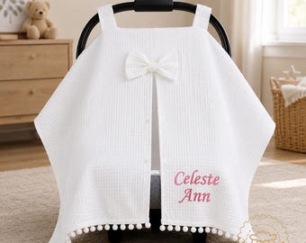 Custom Waffle Baby Car Seat Canopy Cover,Baby Stroller Cover with with Bow & Pom Pom Trim,,Infant Stroller Sun Shade cover,Baby Shower Gift