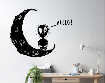 Alien on the Moon Vinilo Arte de pared, Calcomanía, Pegatina, Transferencia, Mural, Decoración, Alquiler amigable, Interior, Exterior, Pared completa 0901