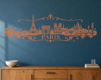 Paris Skyline Wall Decal, Ornamental Eiffel Tower Vinyl Sticker for Living Room and Office