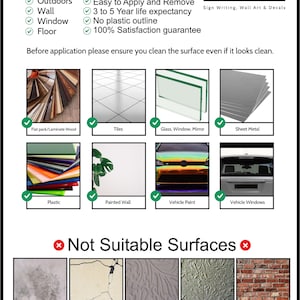 Puede incluir: Un gr&aacute;fico que muestra las superficies adecuadas y no adecuadas para aplicar calcoman&iacute;as. Las superficies adecuadas incluyen madera laminada de paquete plano, azulejos, vidrio, ventana, espejo, chapa met&aacute;lica, pl&aacute;stico, pared pintada, pintura de veh&iacute;culo y ventanas de veh&iacute;culo. Las superficies no adecuadas incluyen grasa, suciedad, moho, pared agrietada o da&ntilde;ada, papel tapiz texturizado, pintura desigual y ladrillo.