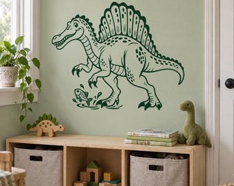 Spinosaurus Wall Decal with Fish, Dinosaur Vinyl Sticker for Kids’ Bedrooms
