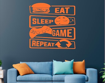 Adesivo de parede Eat Sleep Game Repeat | Adesivo de vinil para sala de jogos | Arte de parede para videogame | Decoração de quarto de menino com jogos | Vinil personalizado para jogos SP011