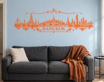 Bangkok Skyline Wall Decal, Ornamental Thai City Vinyl Sticker for Living Room and Office