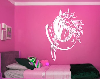 Paard en hoefijzer Vinyl Wall Art, sticker, sticker, overdracht, muurschildering, verwisselbaar, decor, huurvriendelijk, interieur, exterieur, volledige muur- 0573