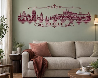 Prague Skyline Wall Decal, Ornamental Czech City Vinyl Sticker for Living Room and Office