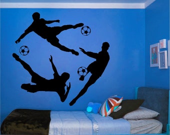 Pegatina de tres jugadores de fútbol, pegatina de arte de pared de vinilo, transferencia, mural, plantilla, FÁCIL de aplicar, INSTRUCCIONES incluidas, acabado MATE