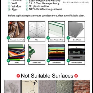 May include: A graphic from Robson Decals detailing suitable surfaces for decals, such as laminate wood, tiles, glass, sheet metal, plastic, painted walls, vehicle paint, and windows. Unsuitable surfaces are also listed.