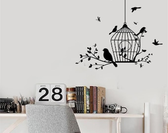 Bird Cage Branch - 0704 Vinyl Wall Art, sticker, sticker, overdracht, muurschildering, decor, huurvriendelijk, interieur, exterieur, volledige muur verwijderbaar,